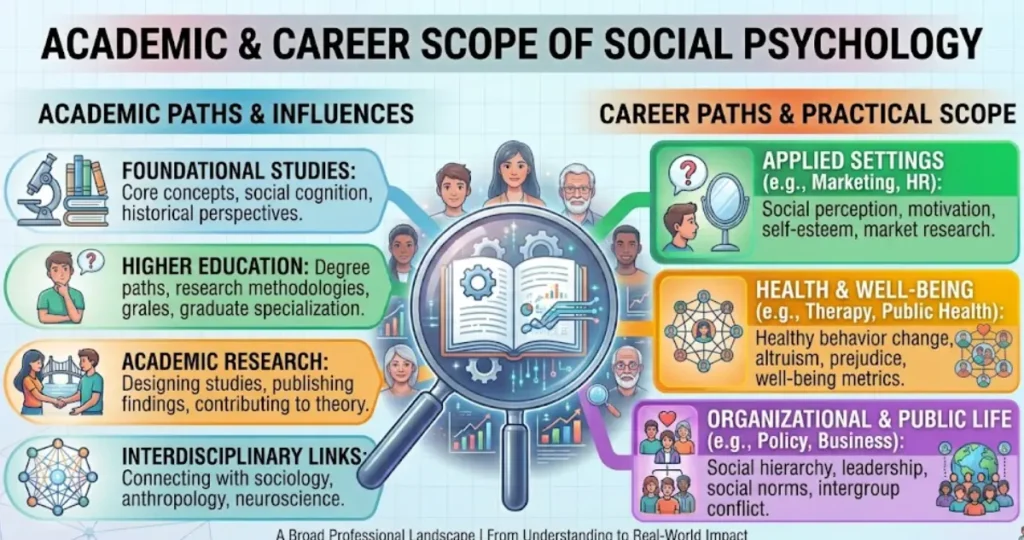 academic and career scope of social psychology An infographic detailing academic paths on the left—such as foundational studies, higher education, research, and interdisciplinary links