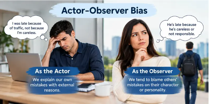 Actor-Observer Bias showing different explanations for a person's own and another person's behavior