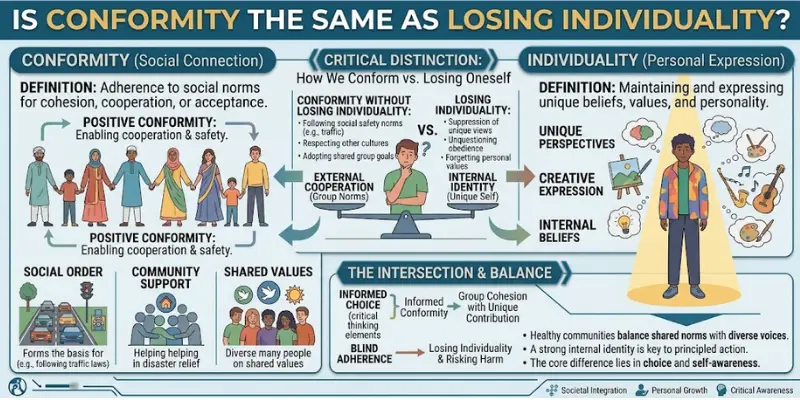 Conformity and individuality showing the balance between group influence and personal identity
