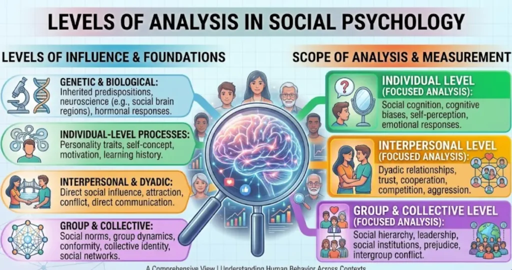 levels of analysis in social psychology An infographic illustrating the levels of analysis in social psychology, breaking down foundational influences—like genetic, biological, and individual processes