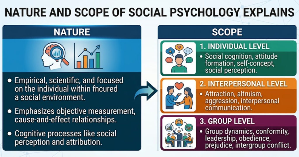 nature and scope of social psychology explains Infographic outlining social psychology's nature as an empirical science and its scope across individual, interpersonal, and group levels.