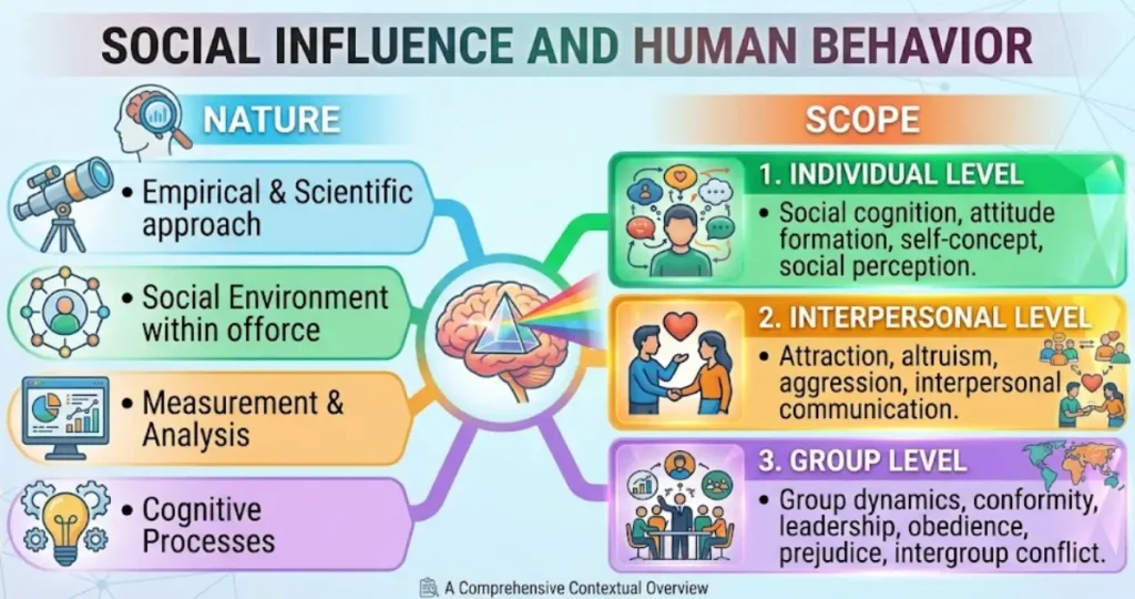 social influence and human behavior A social psychology infographic with sections for Nature (empirical approach, measurement, cognitive processes) and Scope (individual, interpersonal, and group levels)