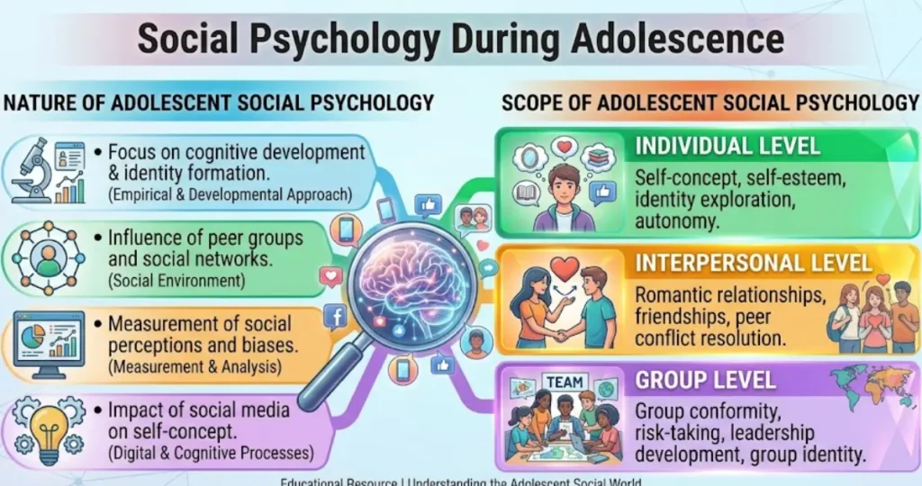 social psychology during adolescence Educational infographic about social psychology during adolescence, showing nature (cognitive development, peers, measurement, social media) and scope (individual, interpersonal, group levels) with icons.